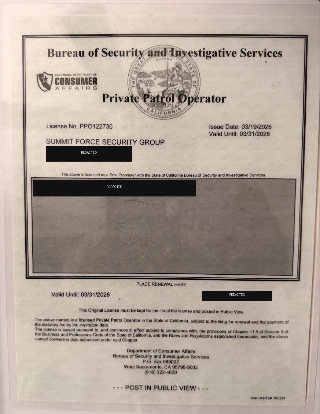 Redacted California BSIS PPO 122730 license