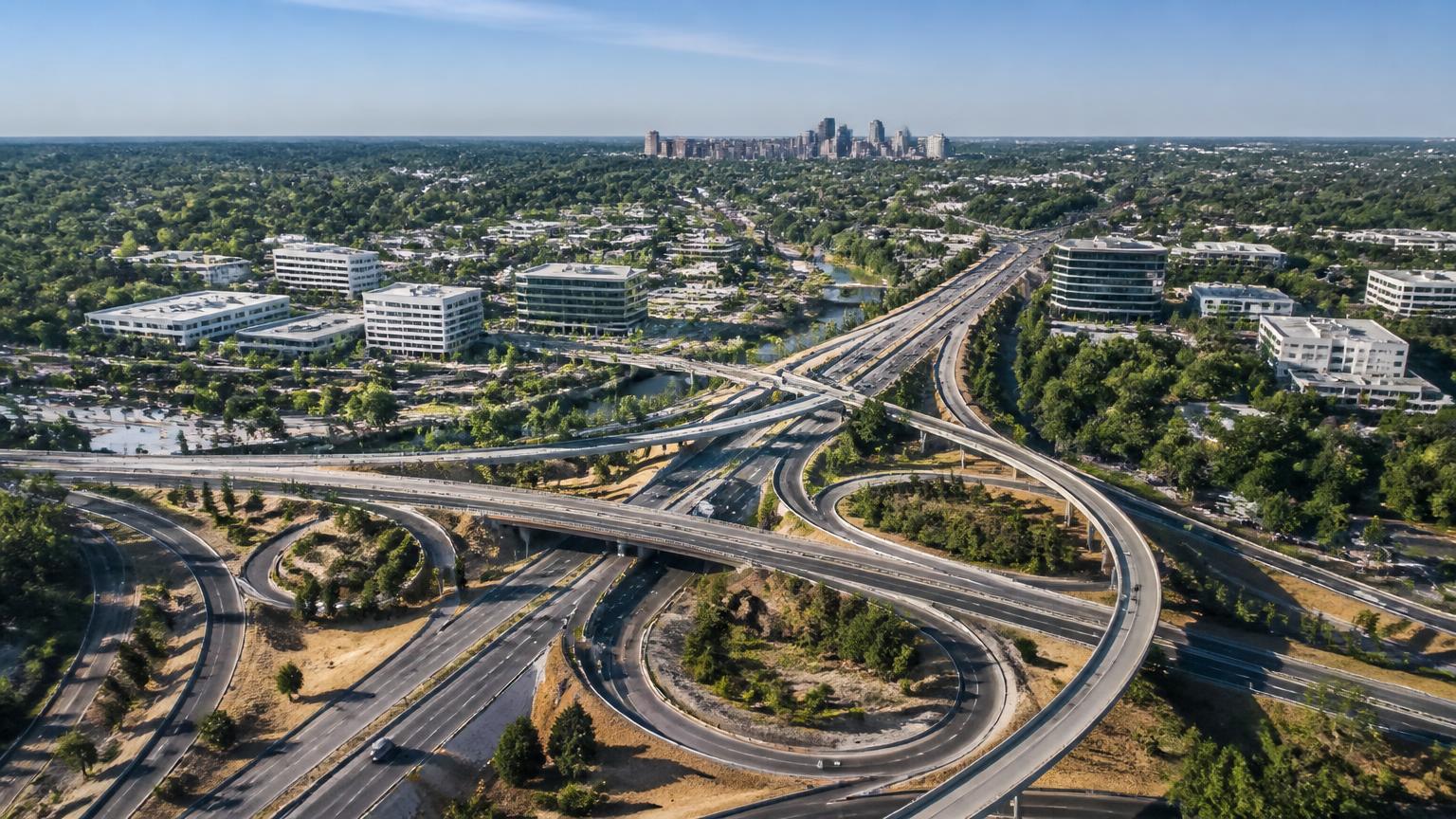 Aerial view of a Sacramento region freeway interchange with suburban office parks and the downtown skyline on the horizon, illustrating I-80 and US-50 dispatch corridors