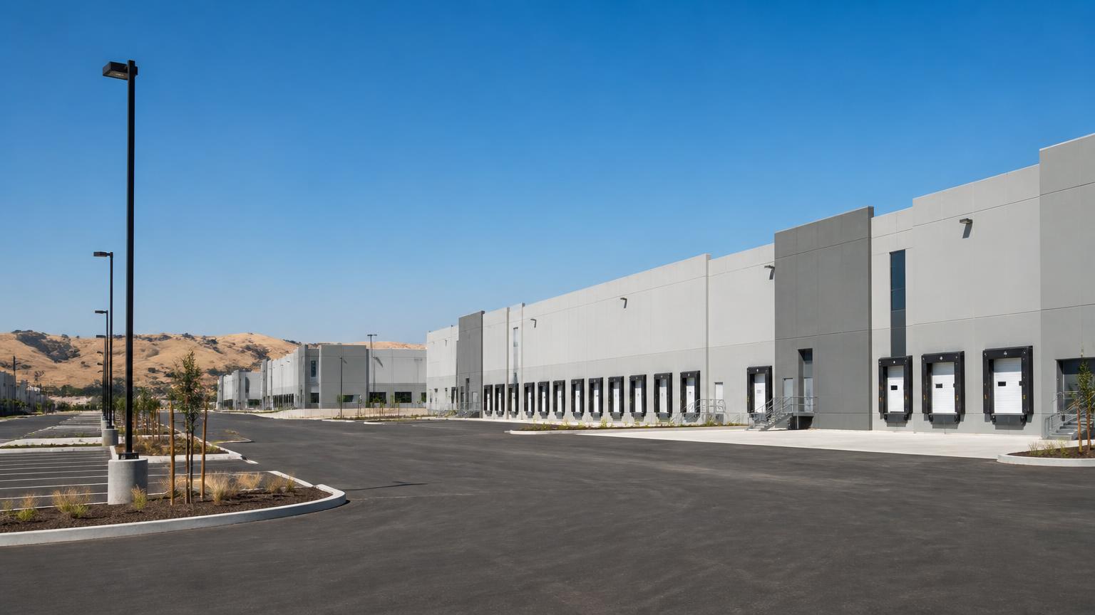 Empty tilt-up concrete distribution warehouses and loading docks in a Sacramento Valley logistics park with golden hills behind, representative of regional industrial coverage sectors